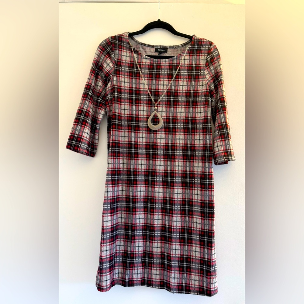 Red Plaid 3/4 Sleeve Dress with Removable Necklace
